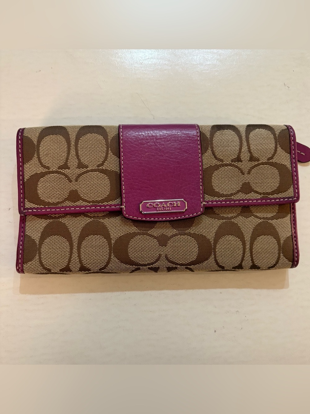 Vintage Coach Tan Signature Canvas Purple Leather Trim Envelope Wallet w/ COA